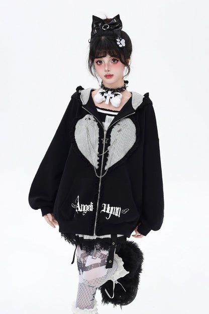 Striped Bunny Ear Hooded Heart Print Embroidery Coat Two Colors