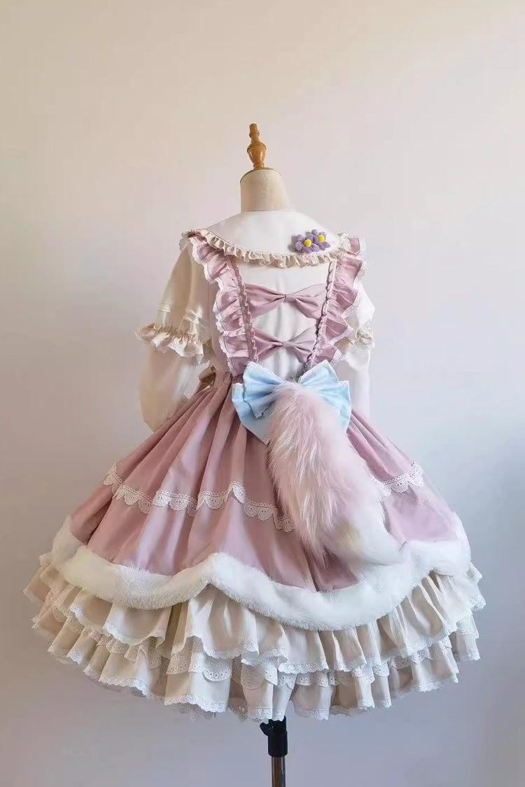 White and Pink Little Fox Multi-Layer Ruffled Bow-Trim Long-Sleeved Sweet Lolita Dress