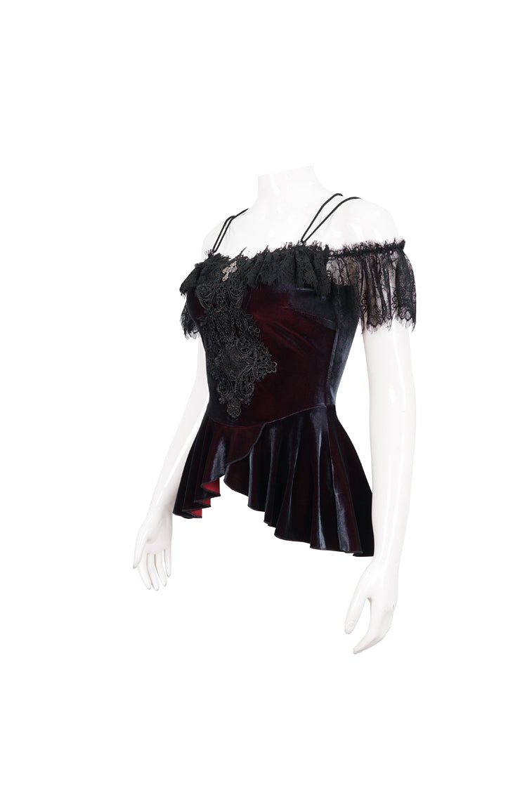 Crimson Stretch Velvet Eyelash Lace Short Sleeve One-Shoulder Goth Strap Tee