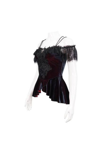 Crimson Stretch Velvet Eyelash Lace Short Sleeve One-Shoulder Goth Strap Tee