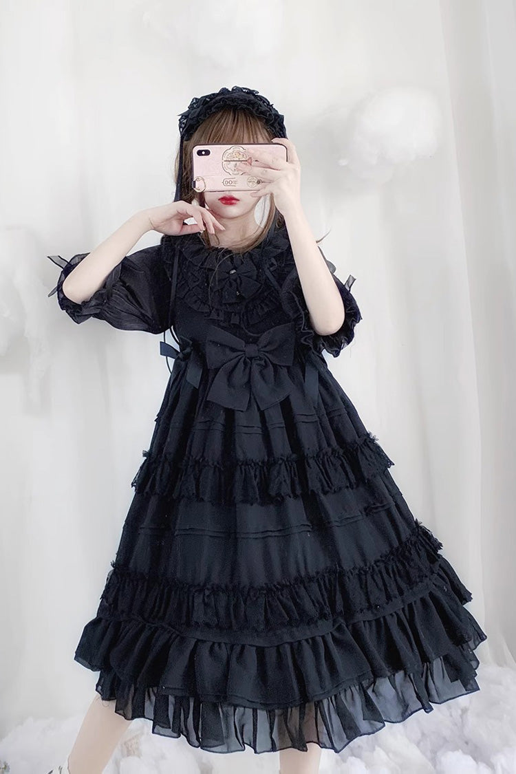 Black Lace Angel Short-Sleeved Bow-Trim Ruffled Gothic Lolita Dress