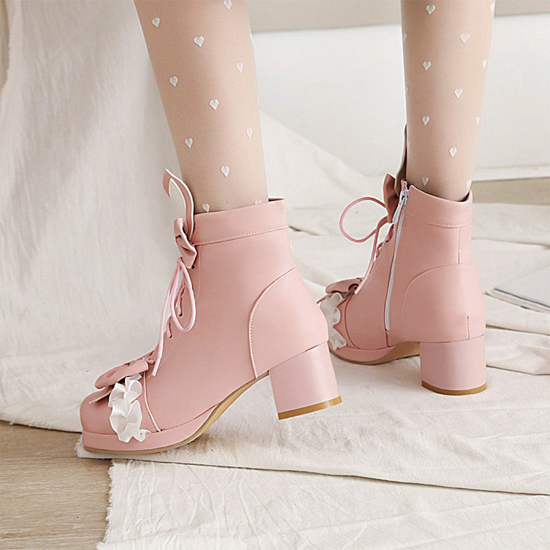 Bottes Lolita à lacets avec nœud à fraise