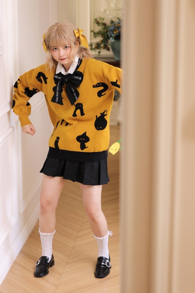 Halloween Black Cat Lolita Sweater with Tie