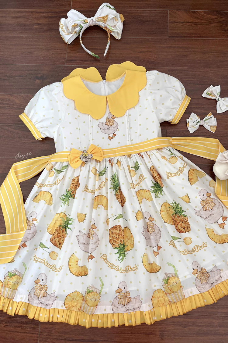 White and Yellow Sweet Duck Print Puff-Sleeved Lolita OP Dress