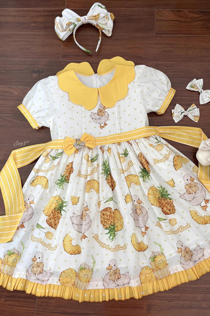 White and Yellow Sweet Duck Print Puff-Sleeved Lolita OP Dress