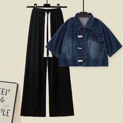 T-Shirt Denim Lapel Pants Set Drawstring