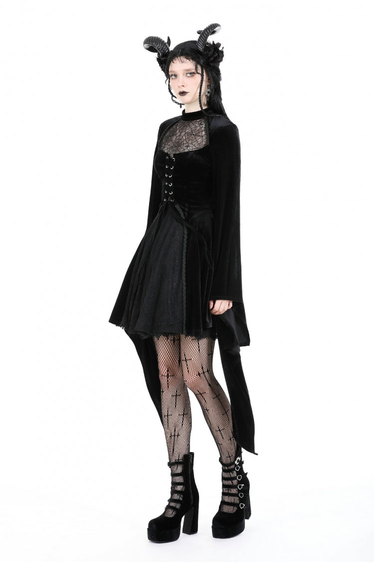Velvet Gothic Wedding Gown with Mesh and Lace-Up Details