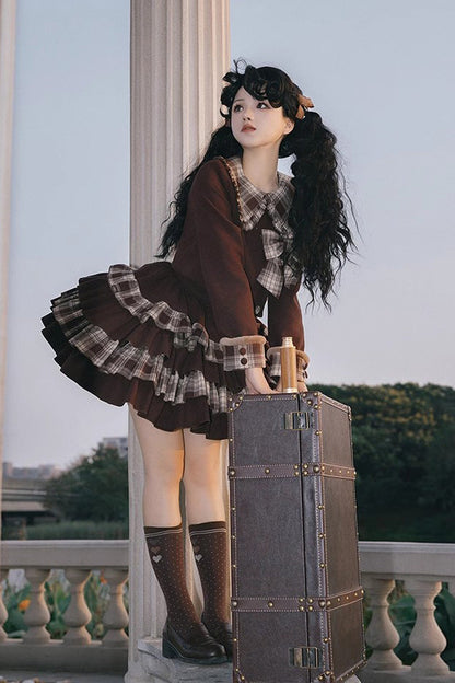 Dark Brown Multi-Layer Bowknot College Style Autumn Winter Princess Sweet Lolita Set