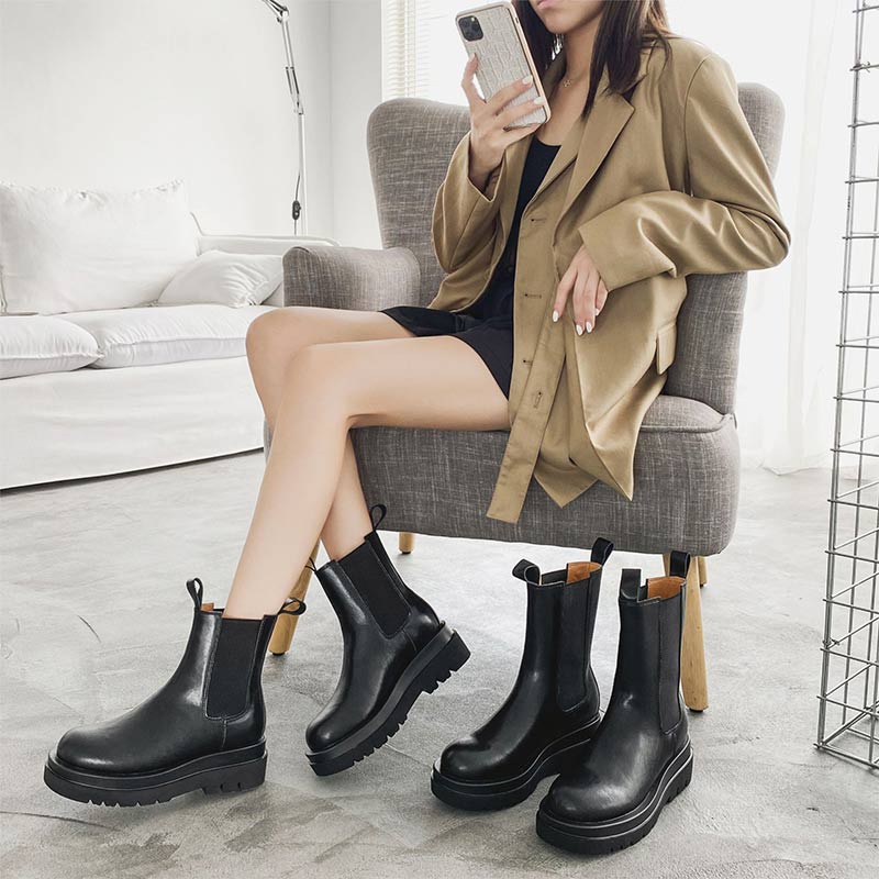 Bottes à plateforme en cuir véritable à enfiler