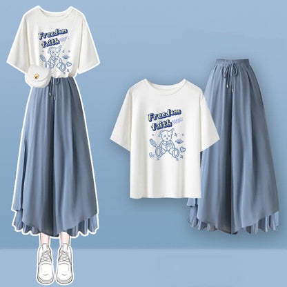 T-Shirt Print Pantskirt Blue Bear Cartoon Letter