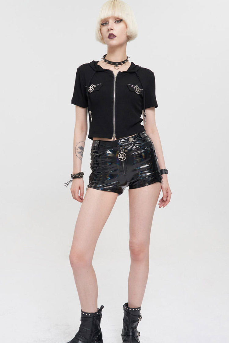 Front Zipper Double Pentagram Hooded Goth Tee
