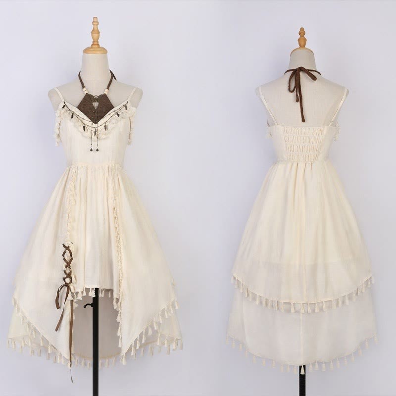 Two Pieces Slip Lace-up Vintage Dress Flounce Top