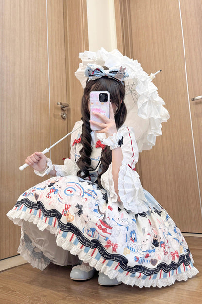 Mystery Rabbit Tea Party Sleeveless Print Ruffle Bowknot Lace Sweet Lolita JSK Dress in Beige