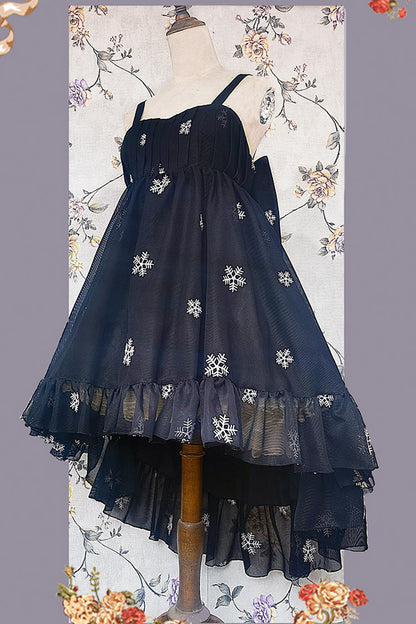 Feather Snowflake Embroidery Print Sleeveless Ruffle Bow Sweet JSK Dress