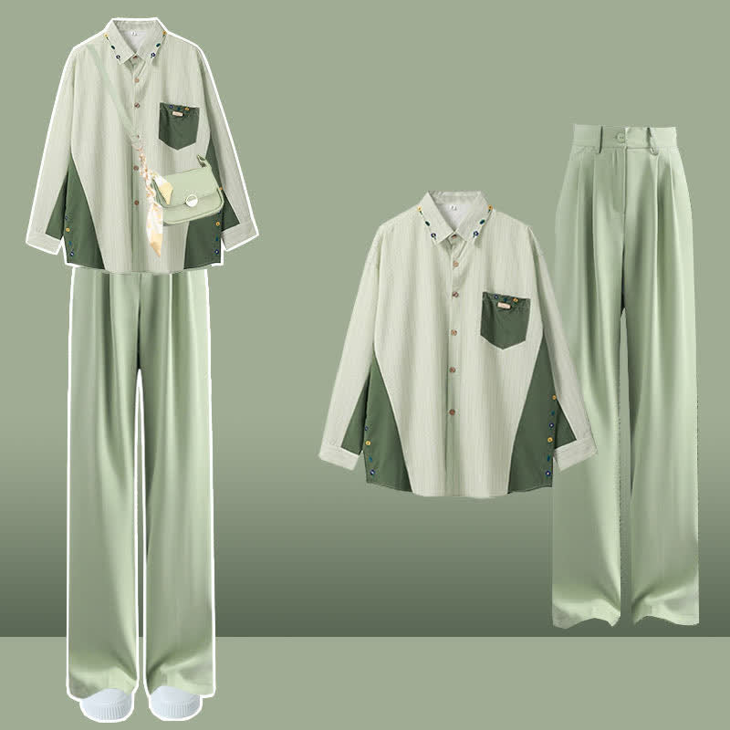 Flower Lapel Casual Shirt Coorblock Stripe Pants