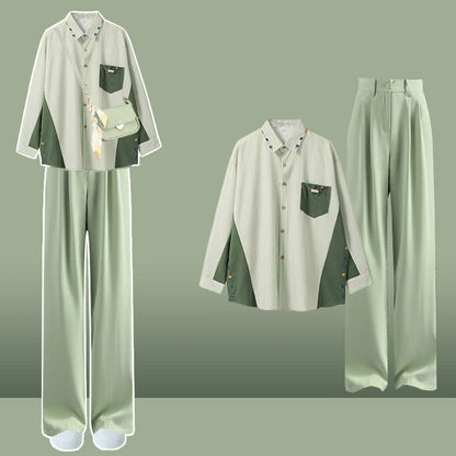 Flower Lapel Casual Shirt Coorblock Stripe Pants