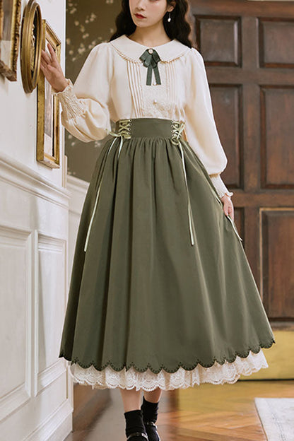 Classic Lolita Two-Piece Dress with High-Waist and Lace Wave Hem
