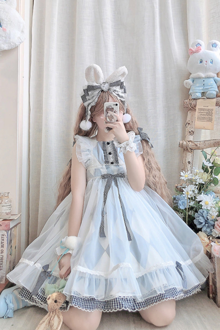 White Blue Sleeveless Diamond Plaid Bow Sweet Lolita JSK Dress