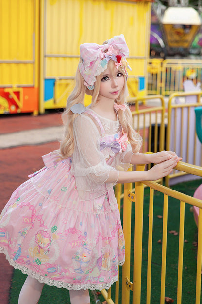 Rose Macarons Dolly House Square Neck Sleeveless Print Bow Sweet Lolita JSK Dress