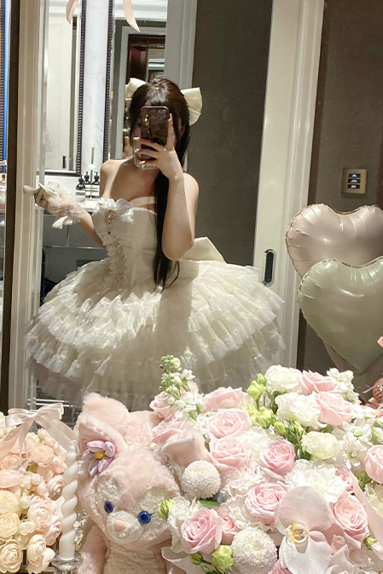 Heartbeat at First Sight Off-Shoulder Sleeveless Multi-Layered Ruffle Bowknot Lace Lace-Up Sweet Princess Gorgeous Lolita Dress in Beige