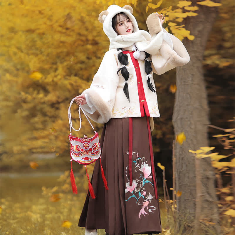 Ensemble manteau et jupe plissée à broderie florale vintage