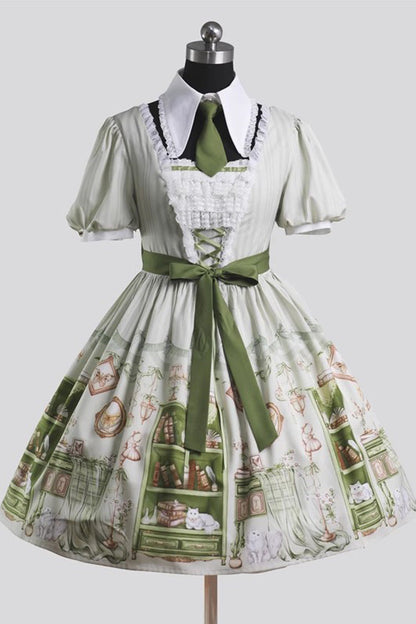Multi-Color Short Sleeves Book House Print Bow Sweet Princess Lolita Dress