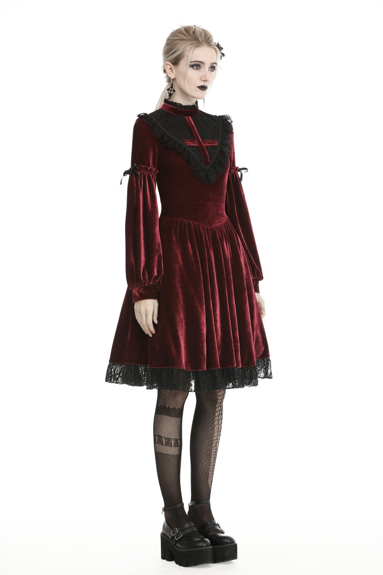 Vintage Long Sleeve Lace Collar Cross Gothic Velvet Dress for Women