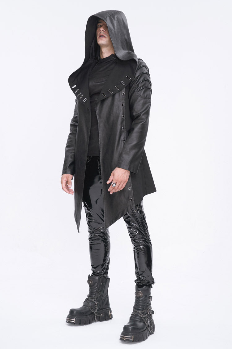 Eyelet Black Asymmetric Gothic Jacket with Hood for Men