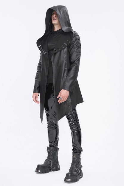 Eyelet Black Asymmetric Gothic Jacket with Hood for Men