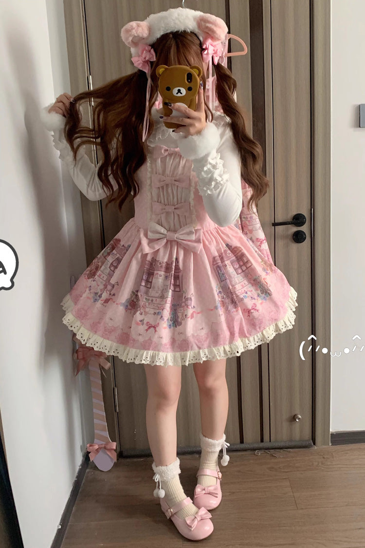 Pink Print Sleeveless Bow Lace Sweet Princess Lolita Jumper and Strap Gown - Little Bear Shop