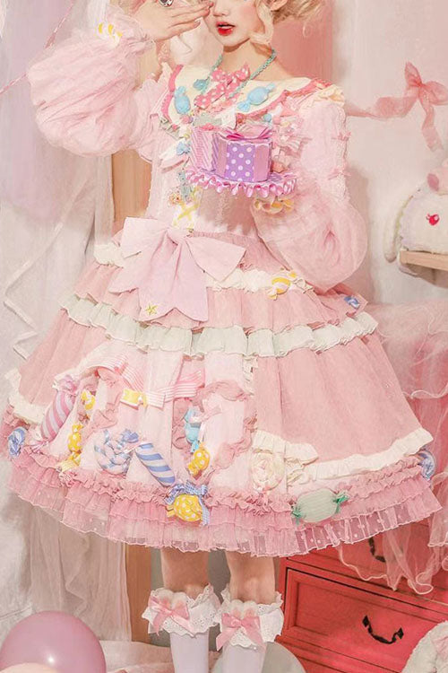Pink JSK Dress Sweet Lolita Lace Long Sleeves Bowknot Ruffled - Altfashion Shop