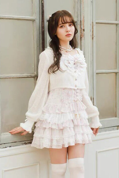 Multi-Layer Printed Ruffle Bow Sweet Dress Three Colors