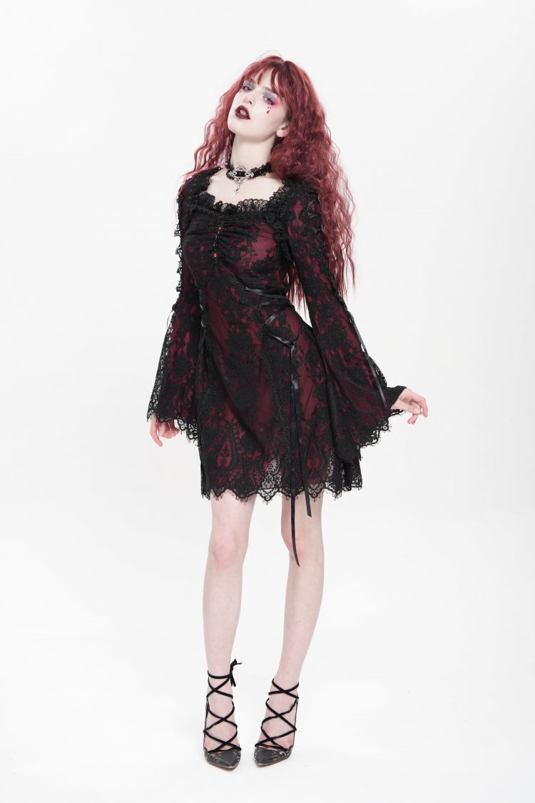 Square Collar Long Sleeve Floral Lace Lace-Up Gothic Dress