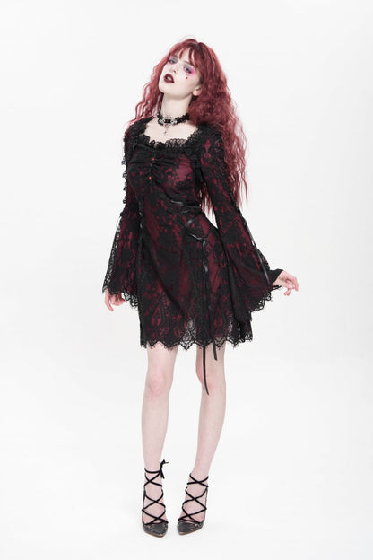Square Collar Long Sleeve Floral Lace Lace-Up Gothic Dress
