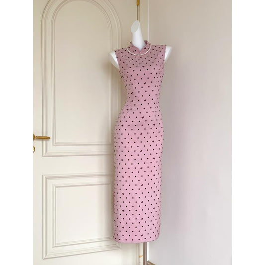 Women's Pink Polka Dot Improved Qipao Dress | Sleeveless Slim Fit Chinese Style Dress