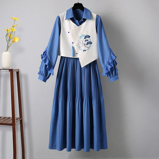 Blaues Kleid-Set mit Weste und Revers, Kranich-Stickerei und Fransen