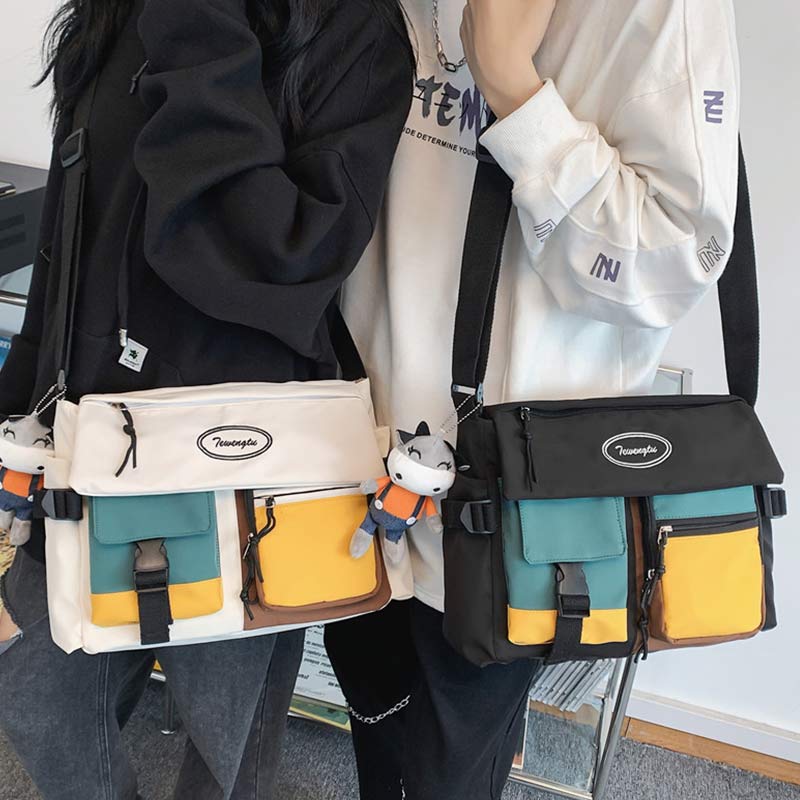 Fashion Colorblock Letter Print Canvas Crossbody Bag