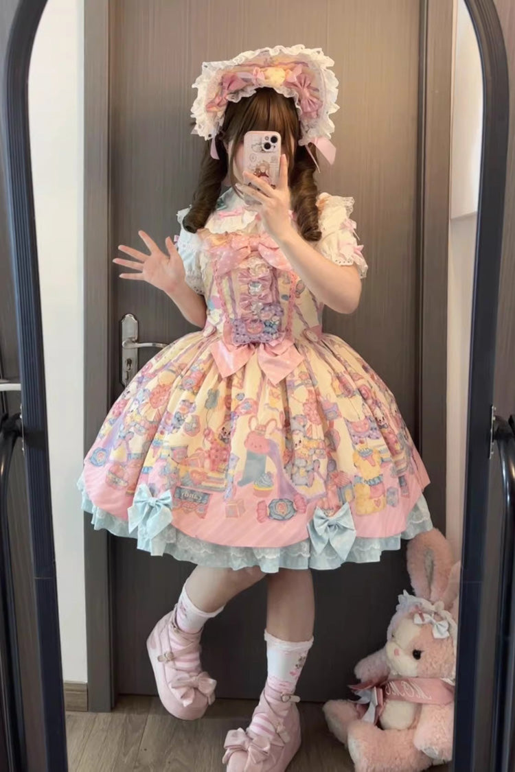 Cream Yellow Rainbow Buffy Bunny Sleeveless Double Layer Ribbon Doll Print Ruffle Bow Sweet Lolita JSK Set