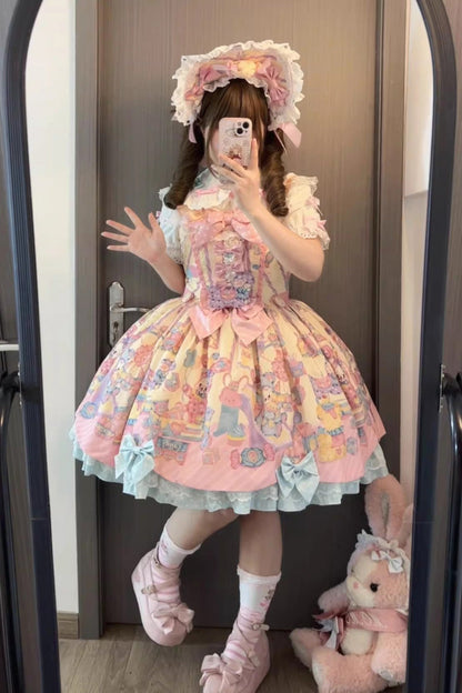 Cream Yellow Rainbow Buffy Bunny Sleeveless Double Layer Ribbon Doll Print Ruffle Bow Sweet Lolita JSK Set