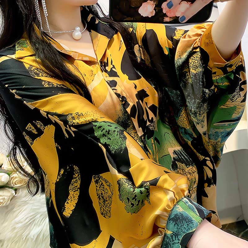 Vintage Floral Batwing Sleeve Lapel Shirt Workwear