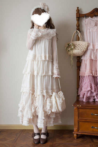 Sweet Stand Collar Long Sleeve Multi Layer Ruffle Color Block Lolita Tiered Dress 14 Colors