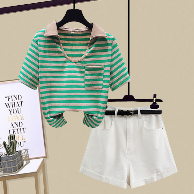 T-Shirt Stripe Denim Pocket Shorts Top Crop