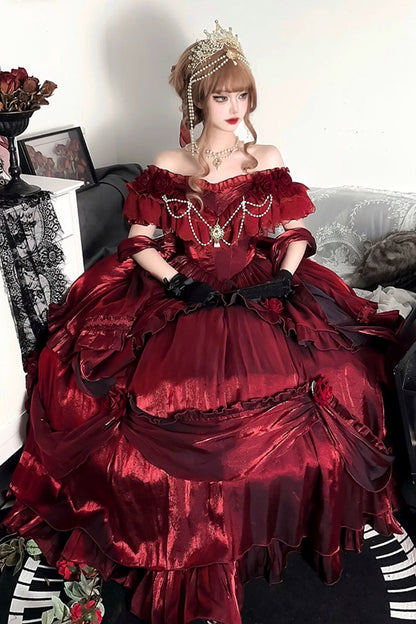Crimson Tana Manor Rose Long Sleeve Ruffle Bow Elegant Goth Princess Lolita Off-Shoulder Dress