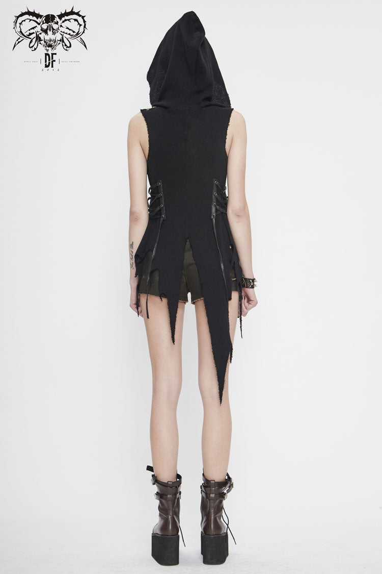 Hooded Asymmetric Gothic Sleeveless Top in Black - NoirEdge