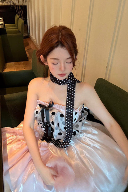 Rose Polka Coronation Sleeveless Printed Ruffle Bow Back Corset Lace Princess Gown