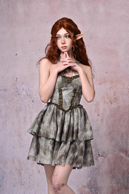 Light Green Halterneck Double-Layer Print Ruffle Lace Tie-Dye Vintage JSK Dress