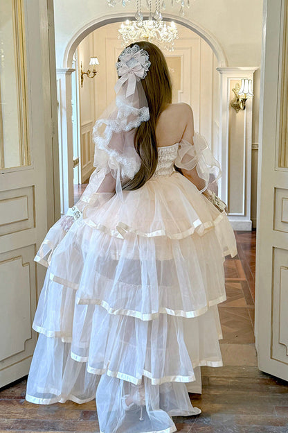 Rose Mousse Love Song Off Shoulder Sleeveless Triple Ruffled Bride Bow Elegant Ballet Short Set
