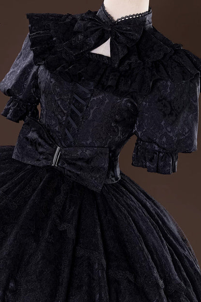 Gothic Lolita Jacquard Bow Lace-Up Short-Sleeve Dress Set Gardener Style