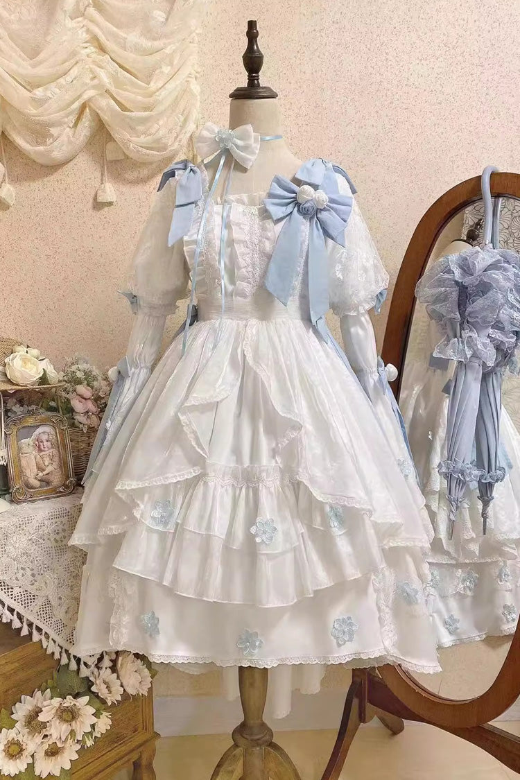 White Boat-Neck Multi-Layer Ruffled Hanayome Bow-Trim Sweet Princess Lolita Strapless Dress