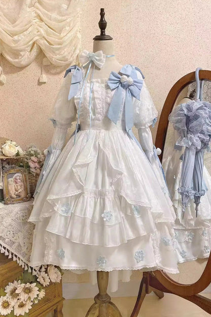 White Boat-Neck Multi-Layer Ruffled Hanayome Bow-Trim Sweet Princess Lolita Strapless Dress